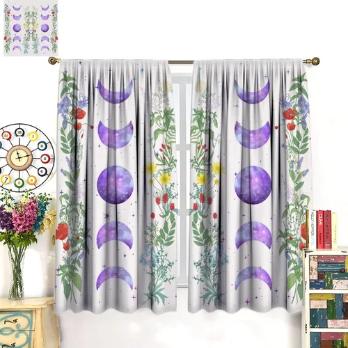 Vista 3 de Cortinas opacas con diseño de luna y flores silvestres para cocina, cortinas opacas de acuarela floral con flores silvestres iluminadas por la luna