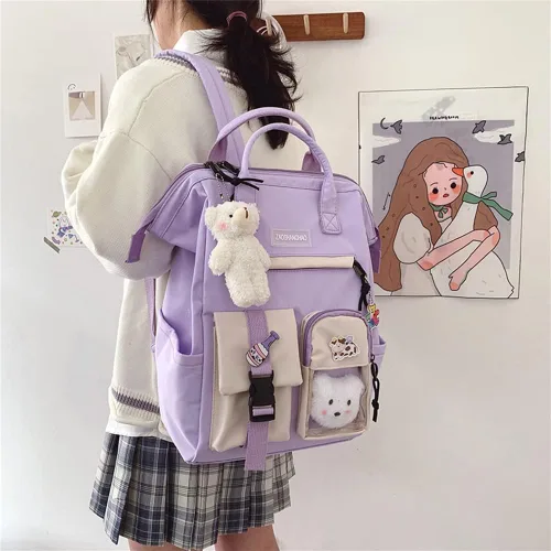 Vista 7 de Mochila Kawaii de gran capacidad con pin Kawaii y accesorios, bonita mochila estética para adolescentes y niñas, mochilas para la escuela, Púrpura