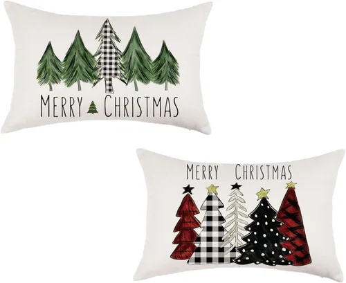 Vista 23 de ONWAY Juego de 2 fundas de almohada de Navidad de 16 x 16 pulgadas, fundas de almohada de Navidad de búfalo rojo a cuadros, color negro y verde Beige