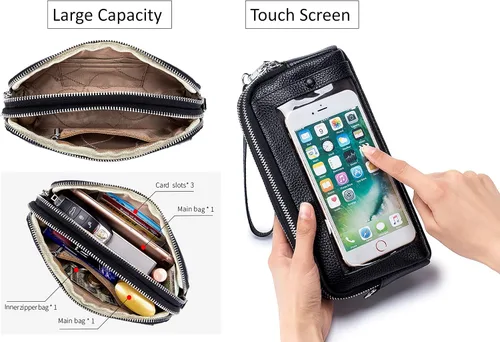 Vista 5 de Cuero genuino pantalla táctil teléfono bolsa bolsa muñeca bolso cartera para mujeres niñas