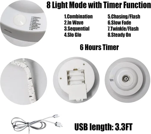 Vista 5 de 108 luces LED de árbol de abedul de 20 pulgadas, lámpara artificial de mesa de árbol de hadas, ocho modos de iluminación, funciona con USB