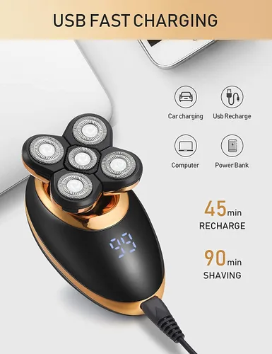 Vista 7 de Afeitadoras eléctricas para hombres, afeitadoras 5 en 1 de cabeza calva para hombres, 5D flotante inalámbrica, recargable, portátil, kit de aseo