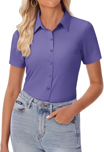 Vista 17 de siliteelon Camisa de vestir con botones para mujer, ajustada, elástica, de manga corta, sin arrugas, sólida, formal, para el trabajo