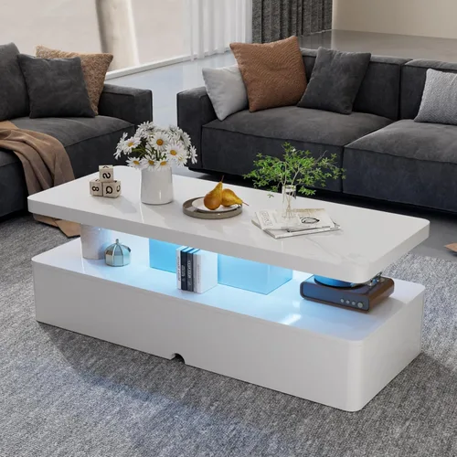 Vista 10 de Mesas modernas de sala de estar, mesa de centro LED con luces LED, mesa central rectangular de 2 niveles con gran almacenamiento, superficie de alto