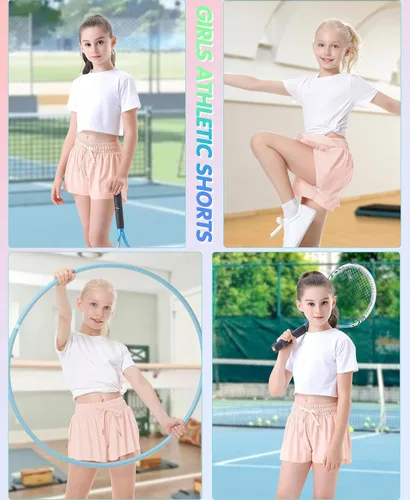 Vista 5 de QooNoo Girls Butterfly Shorts with Pocket Flowy Athletic Shorts High Waist Preppy Running Shorts for Kids Teen