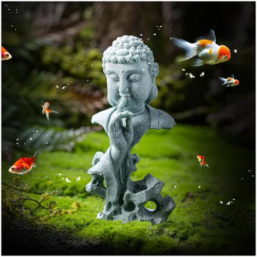 Vista 16 de livelyfish Estatua de Buda meditante, pecera, estatuas de Buda zen, figuras de pensador de piedra arenisca para acuario, jardín, decoración