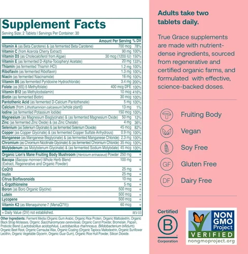 Vista 2 de True Grace Daily Women's Multivitamin 50+ - 60 tabletas fáciles de tragar - Inmune, energía, longevidad y apoyo de memoria - Vegano - Sin gluten
