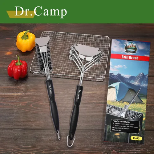 Vista 7 de Dr.Camp 2 cepillos de acero inoxidable para barbacoa, cepillo para barbacoa, raspador de parrilla, cepillo de parrilla para exteriores, cepillo