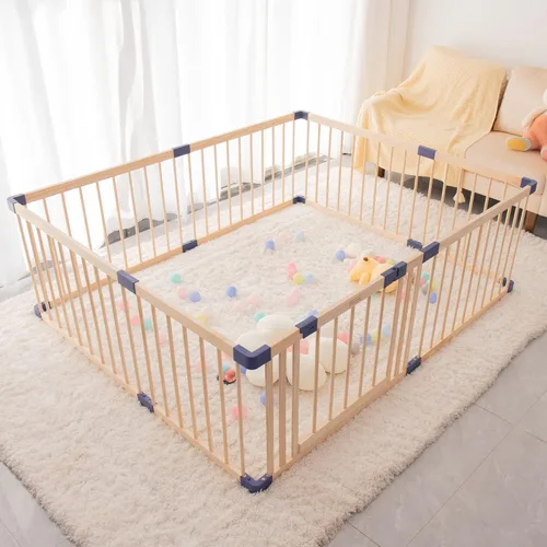 Vista 8 de Corralito de madera para bebés, parque infantil de madera maciza de 59 x 71 pulgadas, área de juego con valla para bebés con puerta de seguridad