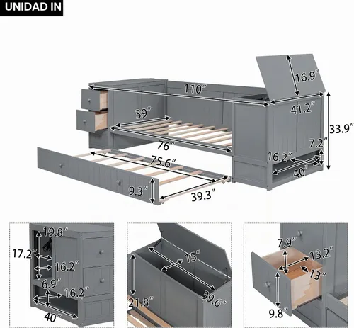 Vista 3 de Merax - Sofá cama de tamaño individual con nido, brazos de almacenamiento y estación de carga, marco de cama de madera gris para dormitorio