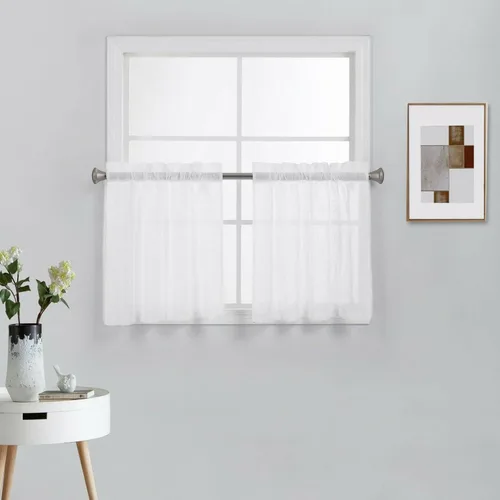 Vista 17 de Diamond Home Linens 2 paneles cortos con bolsillo para barra, filtrado de luz, de lino, texturizado, para ventanas pequeñas, 27 pulgadas de ancho x