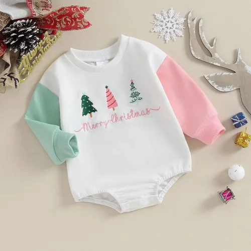 Vista 3 de Lesimsam Traje de Navidad para bebé recién nacido, con letras bordadas, mameluco de burbujas de gran tamaño, ropa de invierno