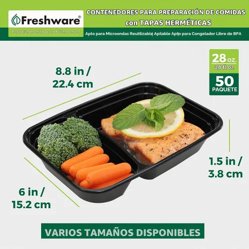 Vista 4 de Freshware Contenedores de preparación de comidas [paquete de 50] 2 compartimentos con tapas, contenedores de almacenamiento de alimentos, caja