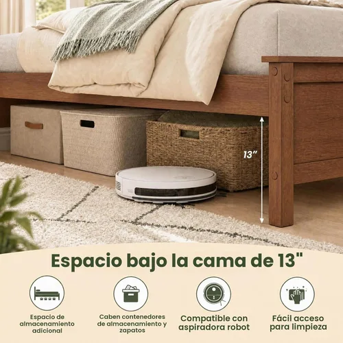 Vista 7 de KOMFOTT Marco de cama de tamaño individual con cabecero, cama de plataforma Nogal