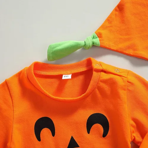 Vista 6 de Yccutest Disfraz de calabaza de Halloween para bebé recién nacido, para niños y niñas, enterizo de calabaza, zapatos, sombrero, 3 piezas, trajes