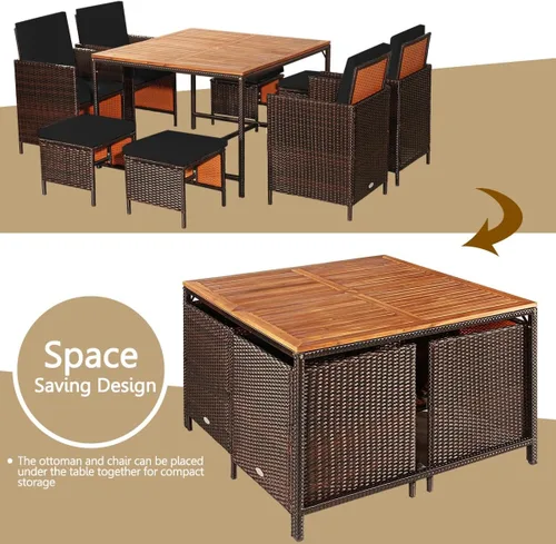Vista 4 de HAPPYGRILL Juego de 9 piezas de comedor para patio al aire libre con asientos acolchados, mesa de comedor que ahorra espacio con mesa de madera
