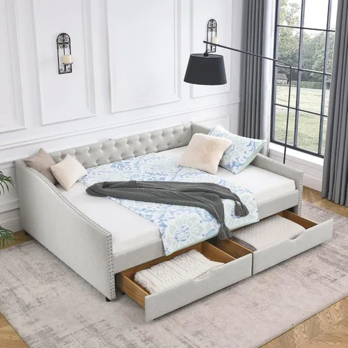 Vista 12 de Linuque - Sofá cama tapizado de tamaño matrimonial con 2 cajones de almacenamiento, marco de sofá cama de madera maciza con respaldo copetudo