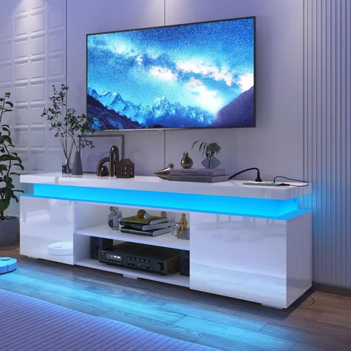 Vista 12 de Hlivelood Soporte de TV LED para TV de 75 pulgadas, moderno soporte de TV con toma de corriente, consola de TV de alto brillo con almacenamiento
