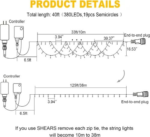 Vista 2 de KAZOKU Luces de Navidad para Exteriores e Interiores 40 Pies 380 LED Impermeables Luces de Árbol de Navidad 8 Modos Extensibles Luces de Cadena