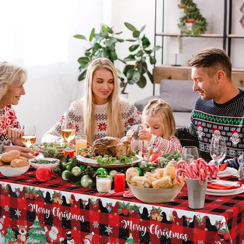 Vista 6 de Tiamon 3 piezas de mantel de Navidad 54 x 108 pulgadas, rojo, negro, mantel a cuadros de búfalo para mesa rectangular, mantel desechable de plástico