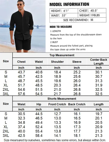 Vista 6 de COOFANDY Conjuntos de lino para hombre, 2 piezas, camisa de manga larga y pantalones cortos casuales con cordón en la cintura, trajes de verano