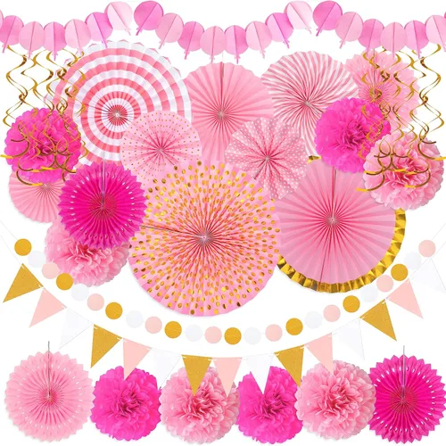 Vista 13 de Juego de 35 piezas de decoración para fiesta con abanicos de papel - Pom Poms del Cinco de Mayo, banderines, guirnaldas, pancartas, remolinos