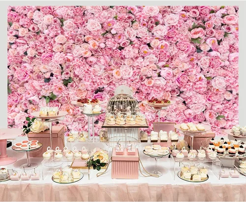 Vista 6 de Telón de fondo de pared rosa rosa de 5 x 3 pies con flores rosas para fotografía, telón de fondo para exteriores, recién nacido, baby shower, boda
