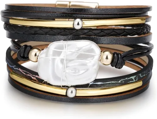 Vista 3 de Fesciory - Pulsera de leopardo para mujer, estilo bohemio de cuero multicapa con perlas de cristal