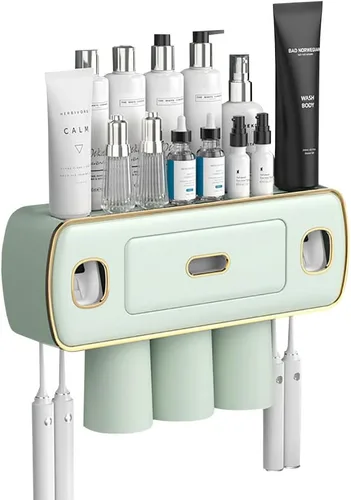 Vista 11 de Soporte para cepillos de dientes montado en la pared para baño y baño, kit de exprimidor de pasta de dientes doble automático, kit de exprimidor