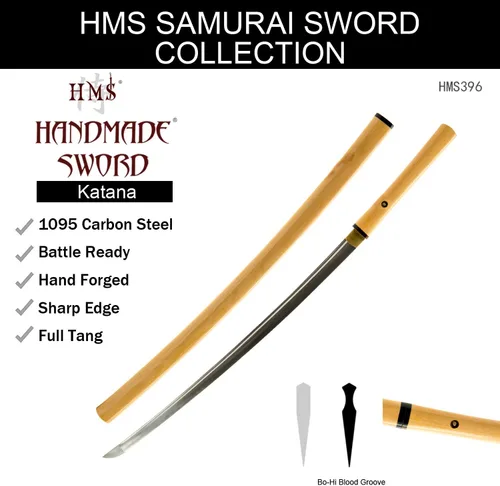 Vista 9 de HMS - Espada japonesa de samurái shirasaya katana, forjada a mano, acero al carbono 1095, templada en arcilla, de espiga completa, afilada Hoja