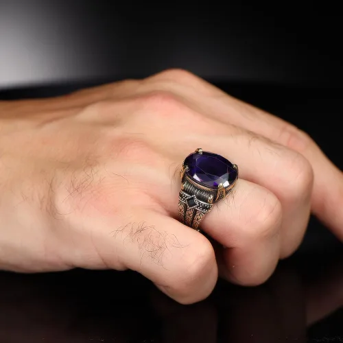 Vista 2 de Anillo de plata de ley 925 con diseño de cadena bizantina con piedra de amatista para hombre, hecho a mano para hombre, anillo de piedra amatista