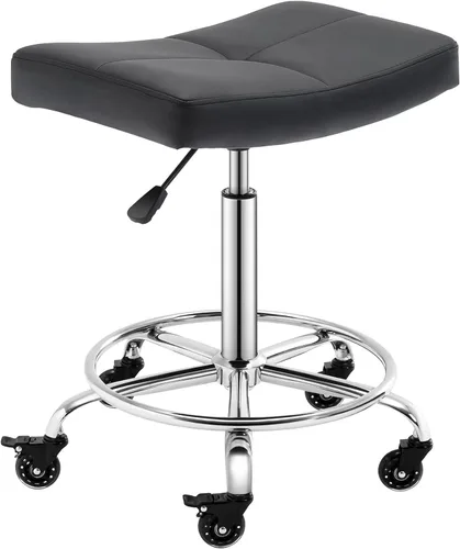 Vista 12 de Taburete con ruedas ajustable con asiento extra ancho, ruedas de goma bloqueables y reposapiés, silla giratoria para cocina, laboratorio, oficina