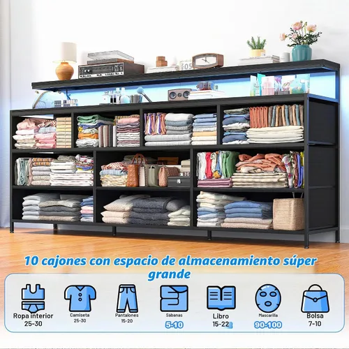 Vista 4 de EnHomee Cómoda de 55 pulgadas de ancho para dormitorio con 10 cajones de tela, cómoda larga con luces LED y tomas de corriente, cómoda y cómoda