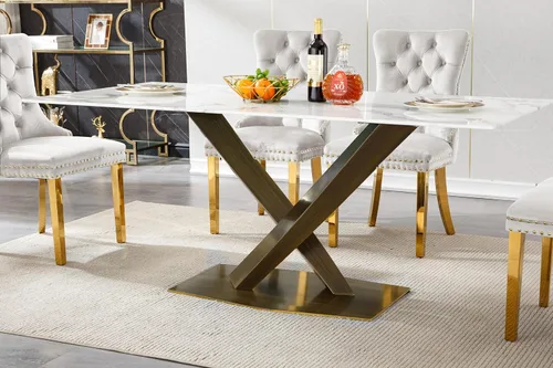 Vista 13 de Mesa de comedor de mármol negro para 4, 6, 70 pulgadas, moderna mesa de comedor de cocina dorada con base de acero inoxidable con diseño