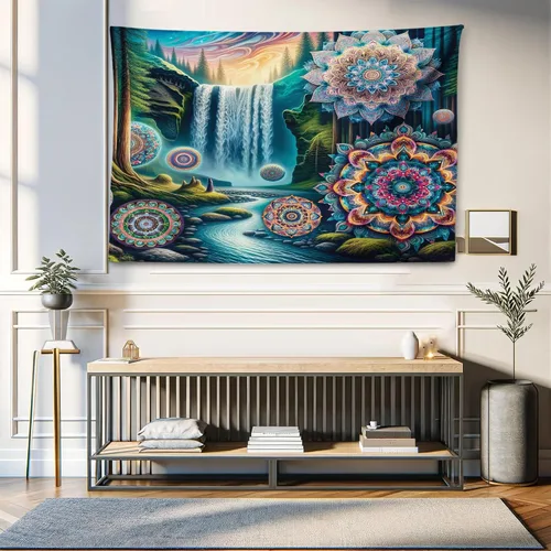 Vista 182 de Ambesonne Tapiz Trippy, vista panorámica de la cascada con bosques de ensueño y mandala oriental psicodélico, decoración de tela para colgar
