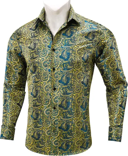 Vista 3 de Camisas de moda para hombre, camisa de vestir de manga larga con flores de cachemira de seda tejida para negocios, fiesta, diseño casual