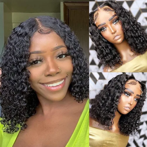 Vista 9 de Recomtic Pelucas rizadas Bob de cabello humano corto frontal 13x4, pelucas de encaje frontal lisas y onduladas para mujeres negras, cabello humano
