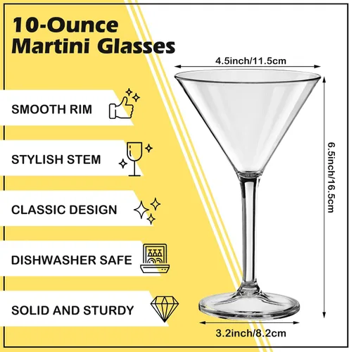 Vista 2 de Patelai Juego de 10 vasos de Martini irrompibles de 10 onzas, vasos de Martini desechables de plástico transparente, copas de cóctel de tallo