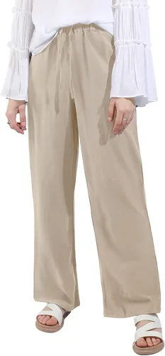 Vista 2 de utcoco Pantalones de algodón y lino con cordón de cintura alta para mujer, estilo casual, ajuste holgado, pierna ancha