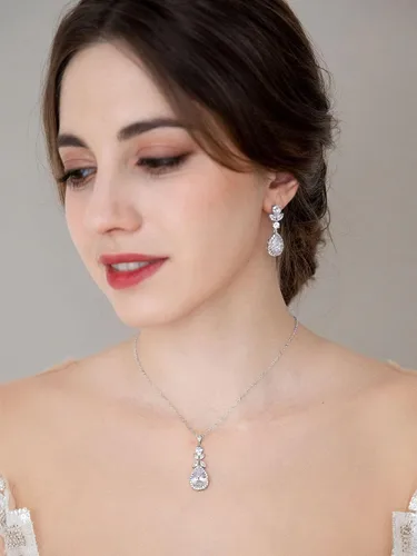 Vista 3 de SWEETV Joyería de boda para novia, juego de aretes de collar de circonita cúbica en lágrima, juego de joyas de novia para boda