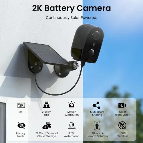Vista 2 de AOQEE Cámara solar para exteriores, inalámbrica, 2K, funciona con batería, cámaras exteriores para seguridad del hogar con detección de movimiento