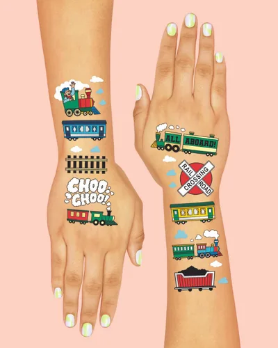 Vista 4 de xo, Fetti Suministros de fiesta de tren tatuajes temporales para niños, 48 estilos, cumpleaños de trenes, recuerdos de fiesta Choo Choo