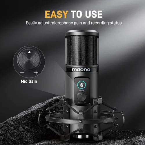 Vista 5 de Kit de micrófono de grabación USB MAONO, micrófono de condensador profesional para PC con silenciamiento táctil y perilla de ganancia de micrófono