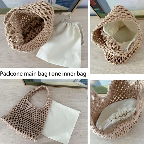 Vista 5 de Mini bolso de mano de pesca con red de pesca, cuerda de algodón, cordón de ganchillo, bolsa de playa tejida para mujeres y niñas