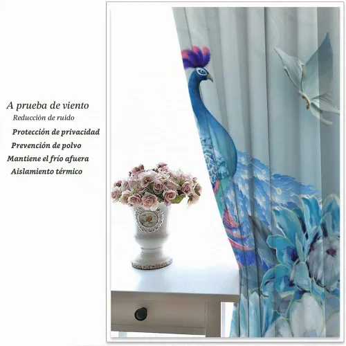 Vista 5 de Cortinas opacas de pavo real, hermoso patrón de estampado de flores de pavo real azul, estampado de mariposas y pavo real, juego de 2 paneles