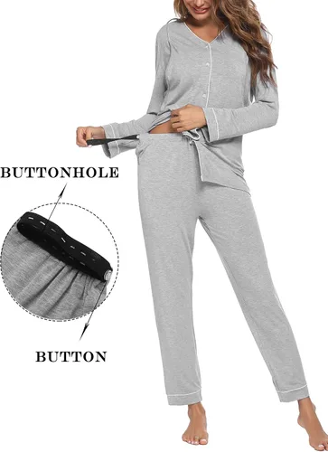 Vista 2 de Ekouaer Conjunto de pijama de maternidad con botones, ropa de dormir de manga larga para lactancia materna con pantalones ajustables