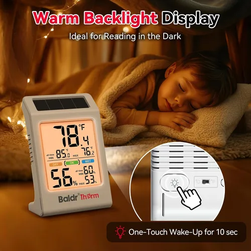 Vista 2 de BaldrTherm Room Thermometer Indoor, Humidity Meter, 2026 Upgrade Backlit Digital Humidity&Temperature Monitor Solar Powered MAX MIN Record