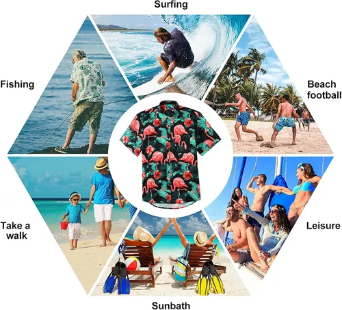 Vista 5 de Camisas hawaianas de manga corta para hombre, camisa Aloha casual con botones tropicales hawaianos florales de verano para fiesta en la playa