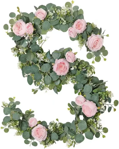 Vista 11 de Guirnalda de flores artificiales de seda de 6 pies con hojas de eucalipto, guirnaldas florales de imitación para boda, arco, puerta, colgar