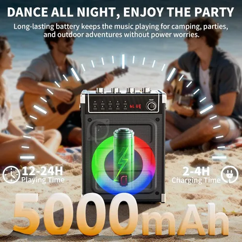 Vista 3 de JYX - Máquina de karaoke con 2 micrófonos inalámbricos, altavoz Bluetooth portátil con ajuste de graves/agudos y luz LED, compatible con TWS